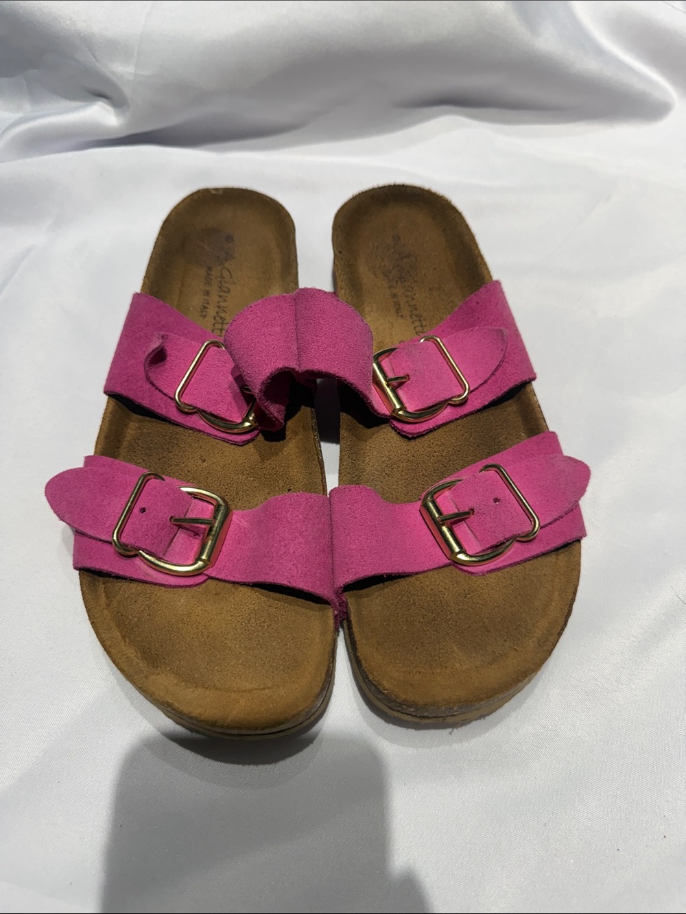 A. Giannetti Pink Suede Double-Buckle Slide Sandals